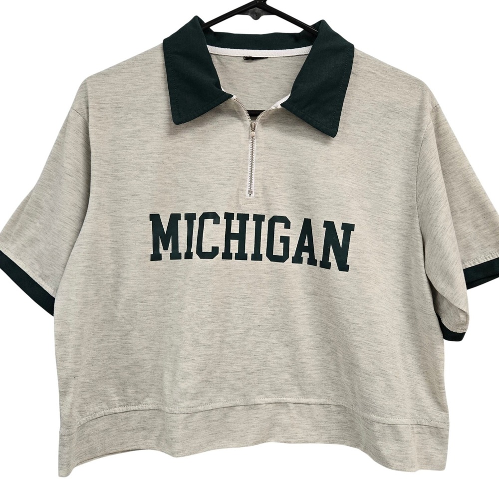 Michigan State Spartans MSU Quarter‎ Zip Crop Top Grey Green Short Sleeve Womens